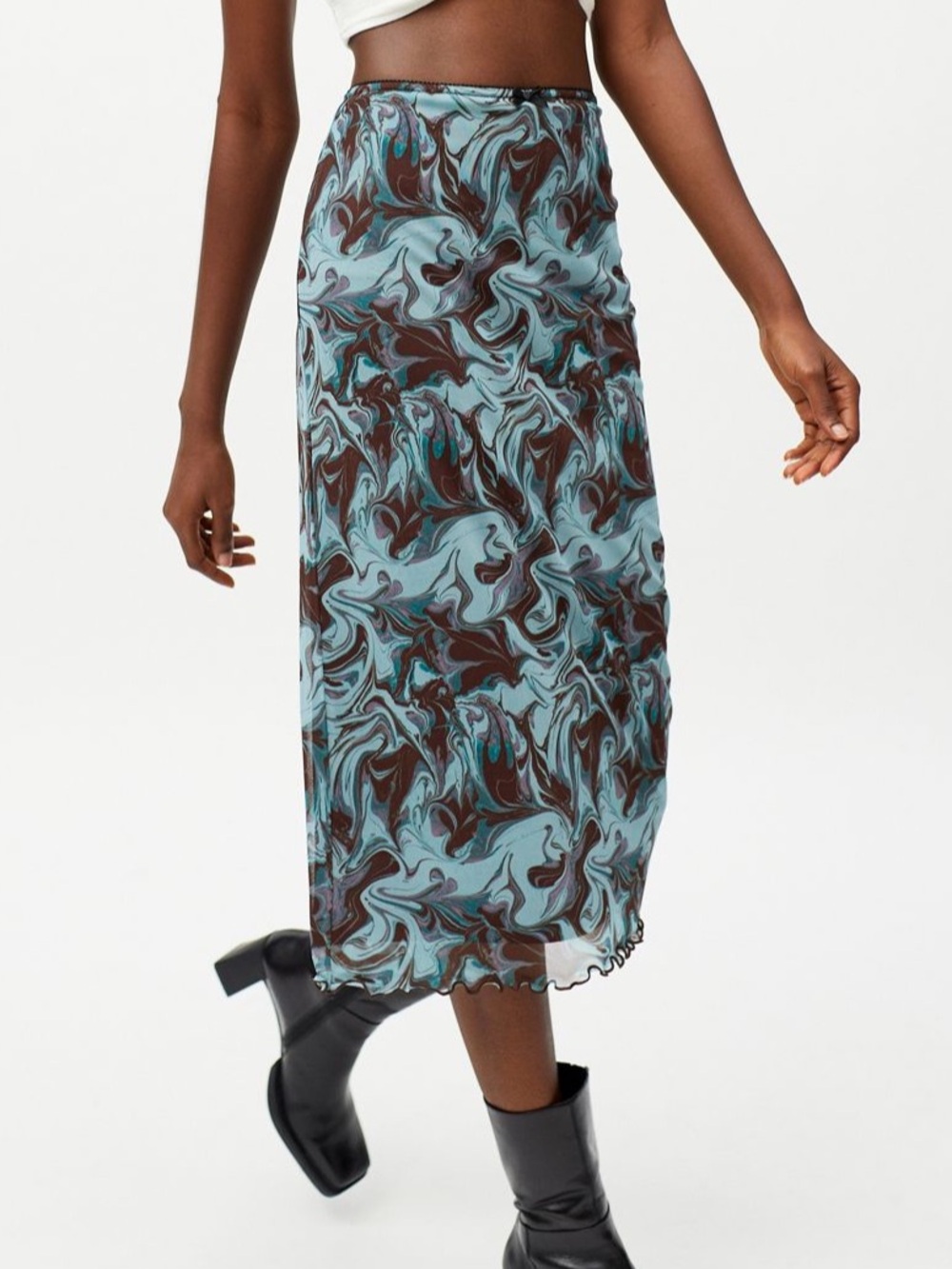 UO Marble Mesh Midi Skirt Light Blue Marble Print Midi Skirt